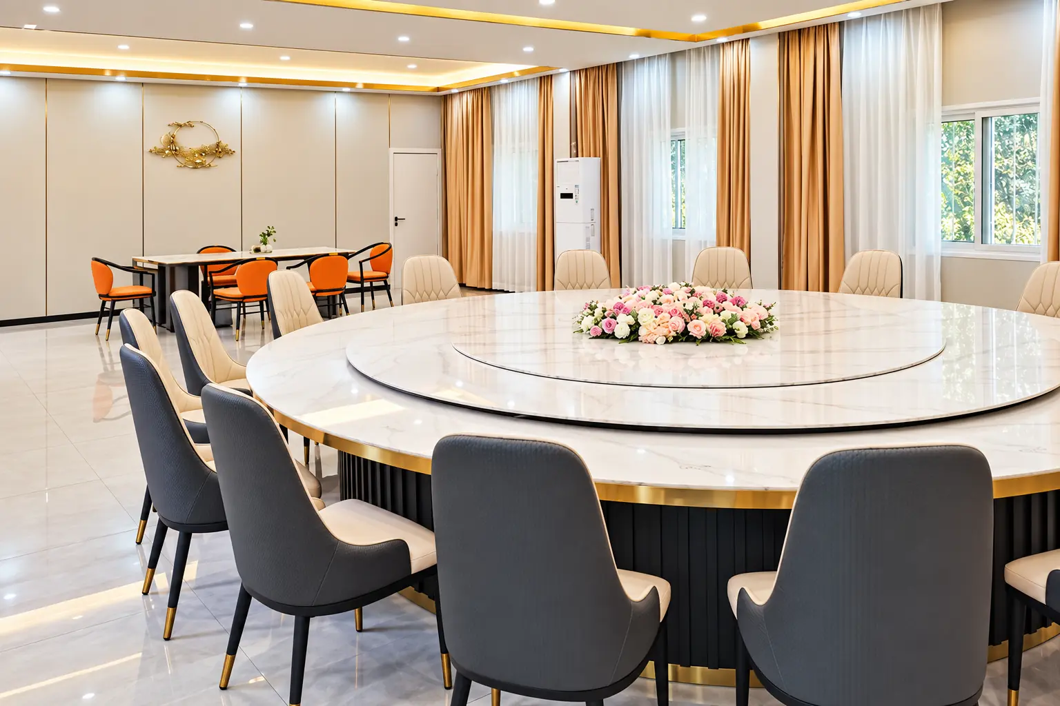 Modular dining room interior with arranged tables and seating