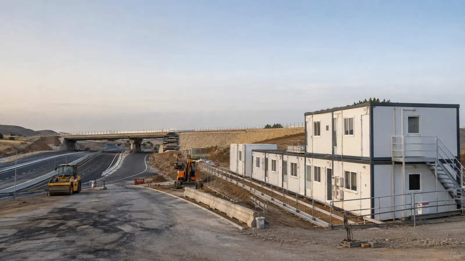 Premium Modular House site offices beside a road and bridge construction project.