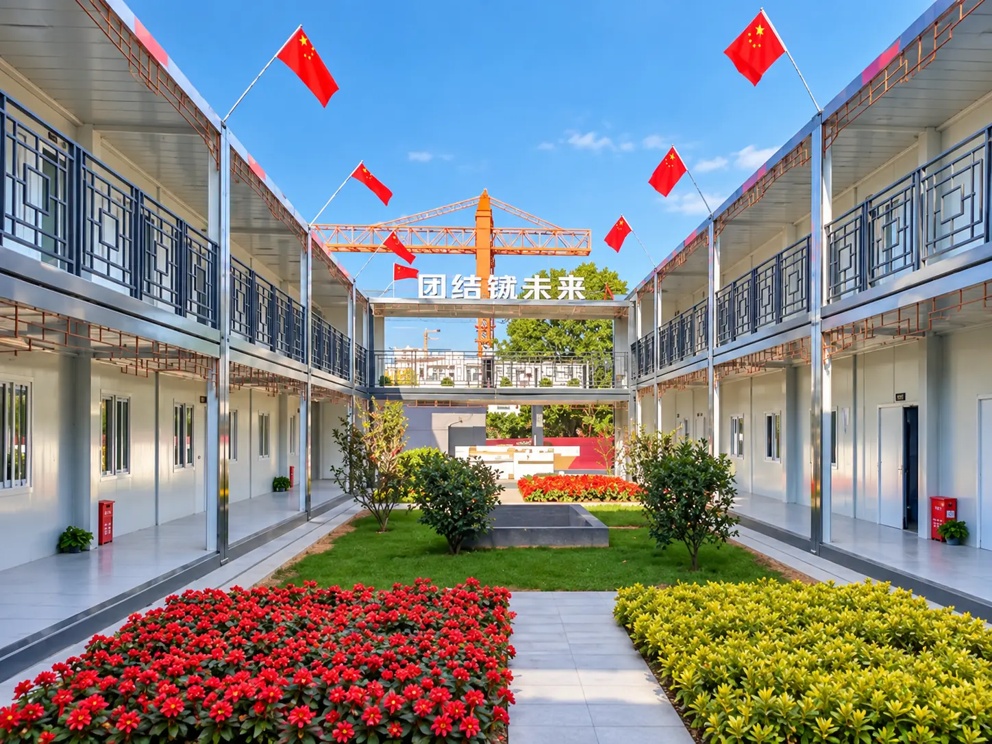 Courtyard between two-storey modular accommodation buildings with exterior corridors