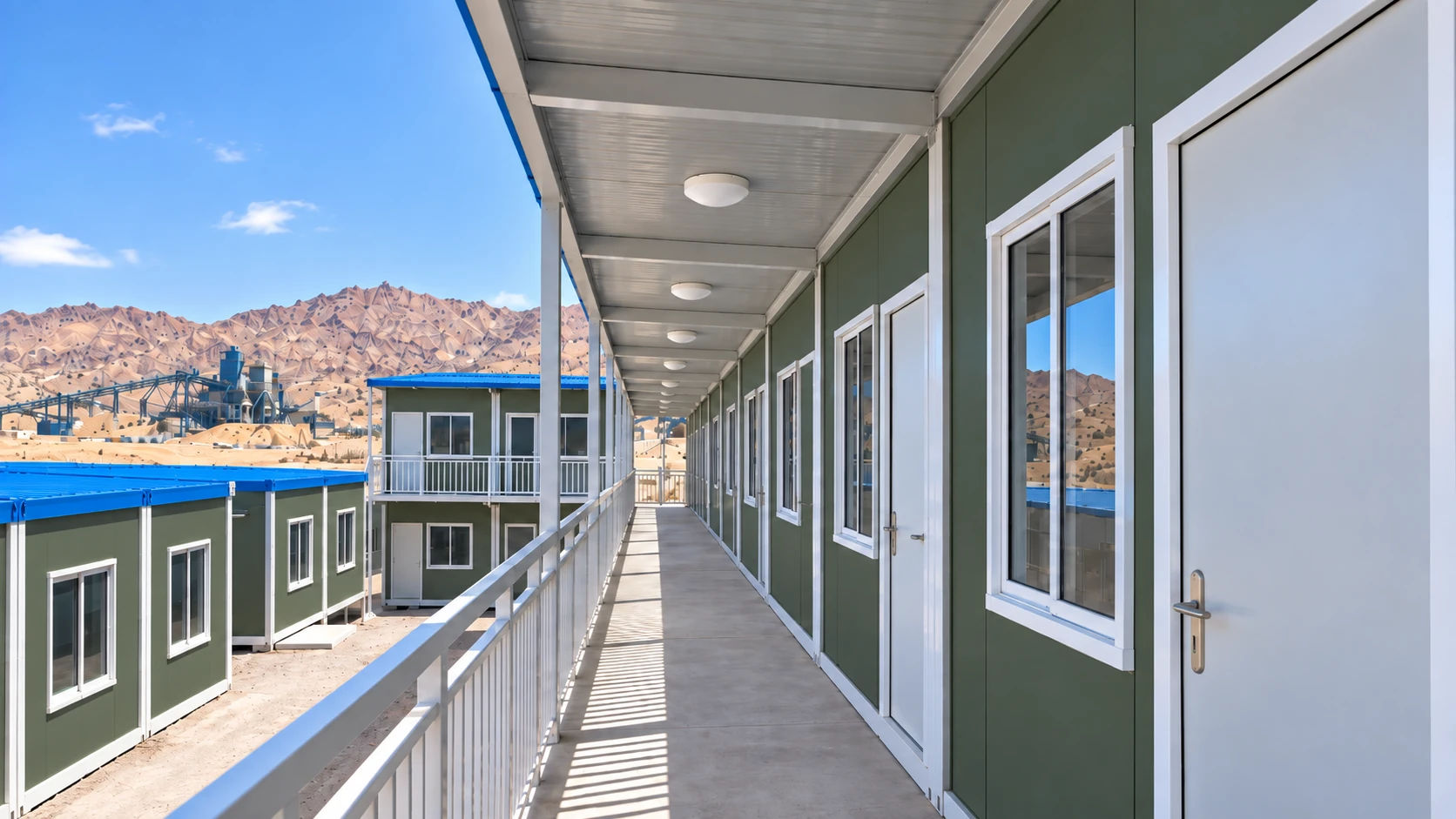 Covered upper-floor walkway connecting modular accommodation rooms at a Northwest China mining camp.