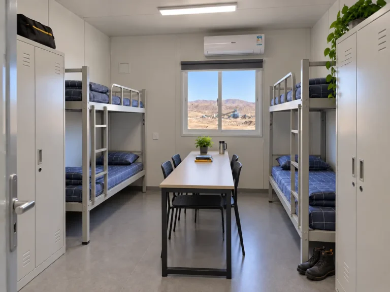 Mining worker dormitory with bunk beds, lockers, table and air conditioning