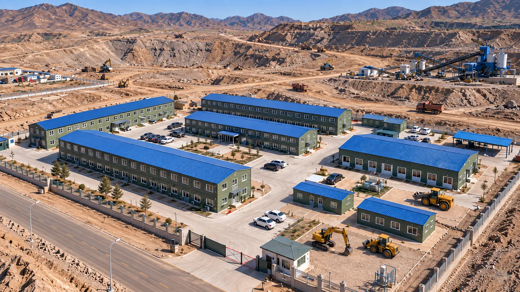 Wide view of a modular workforce camp serving a mining operation in Northwest China