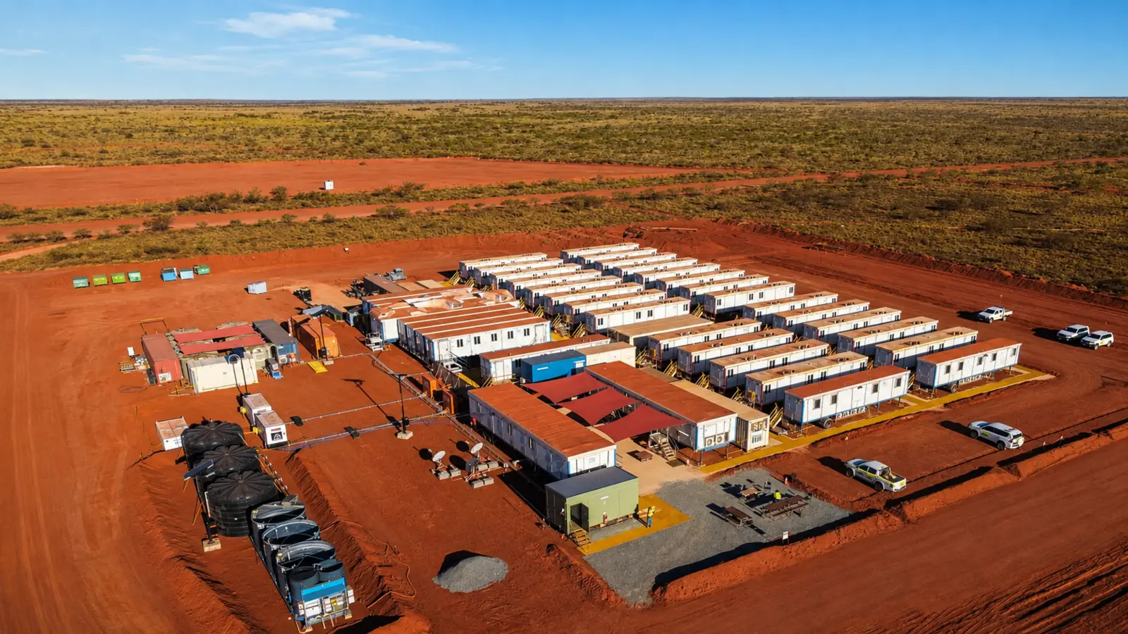 Aerial view of modular workforce camp buildings in a remote landscape
