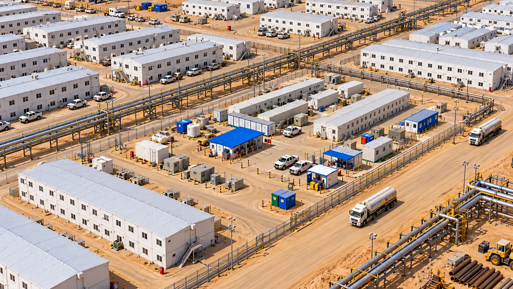 Service buildings and vehicle access within the oil and gas workforce camp