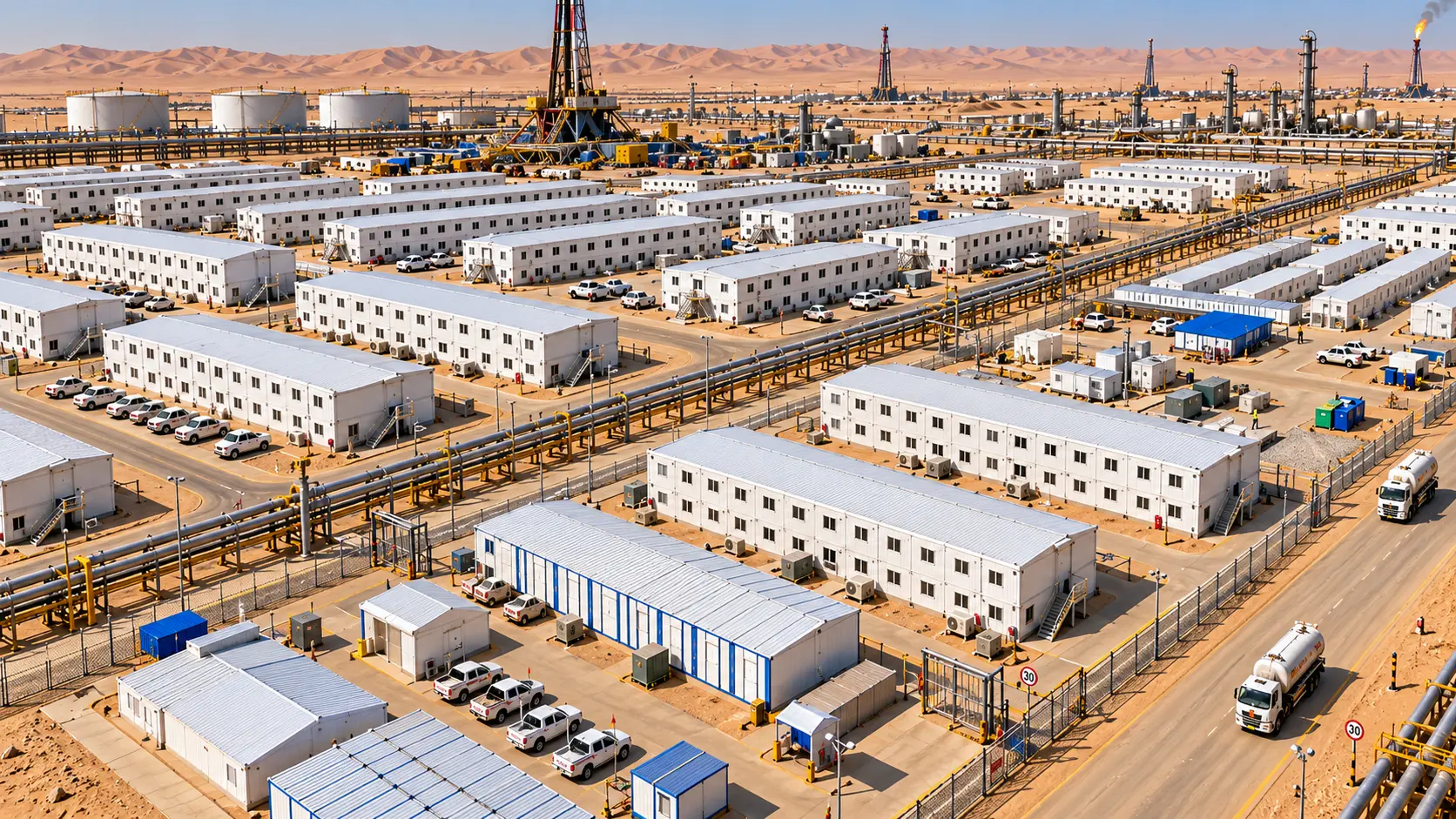 Aerial view of modular accommodation buildings, internal roads and service areas at an oil project camp
