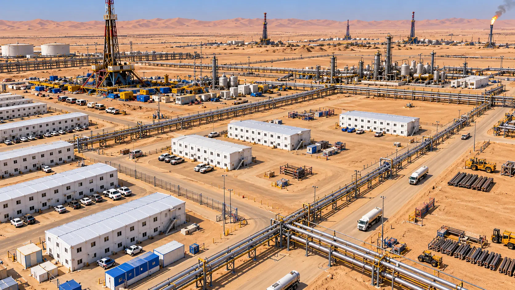Aerial view of flat-pack camp buildings beside the oil and gas operating site
