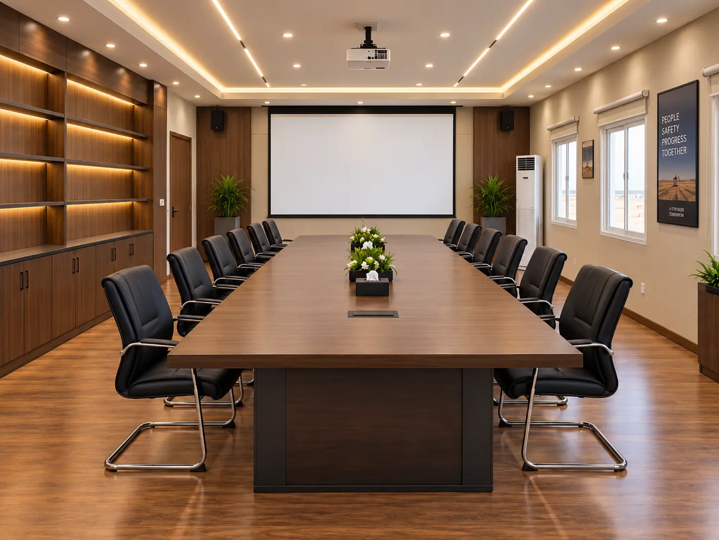 Modular conference room with meeting table, seating and presentation screen for project coordination
