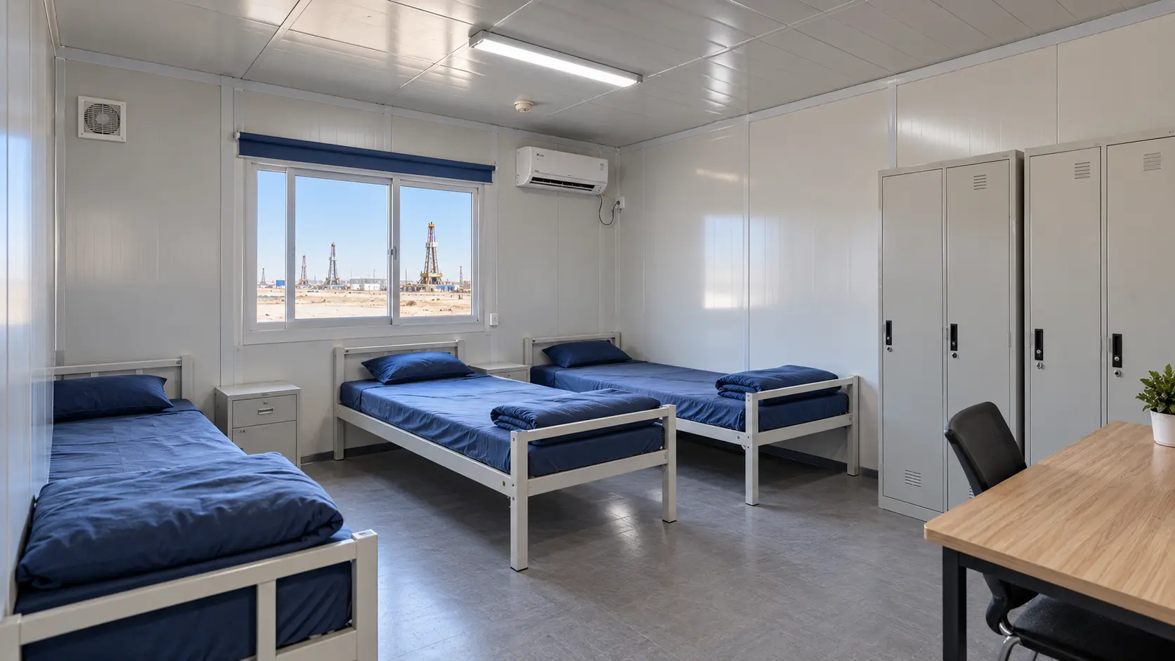 Flat-pack workforce accommodation room with beds, lockers, desk and air conditioning