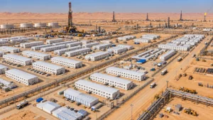 منظر جوي واسع لمعسكر قوى عاملة منفذ بوحدات مسطحة التعبئة لقطاع النفط والغاز
