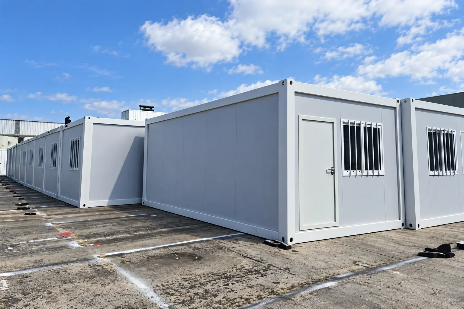 Rows of white flat-pack units for the Philippines PV engineering camp