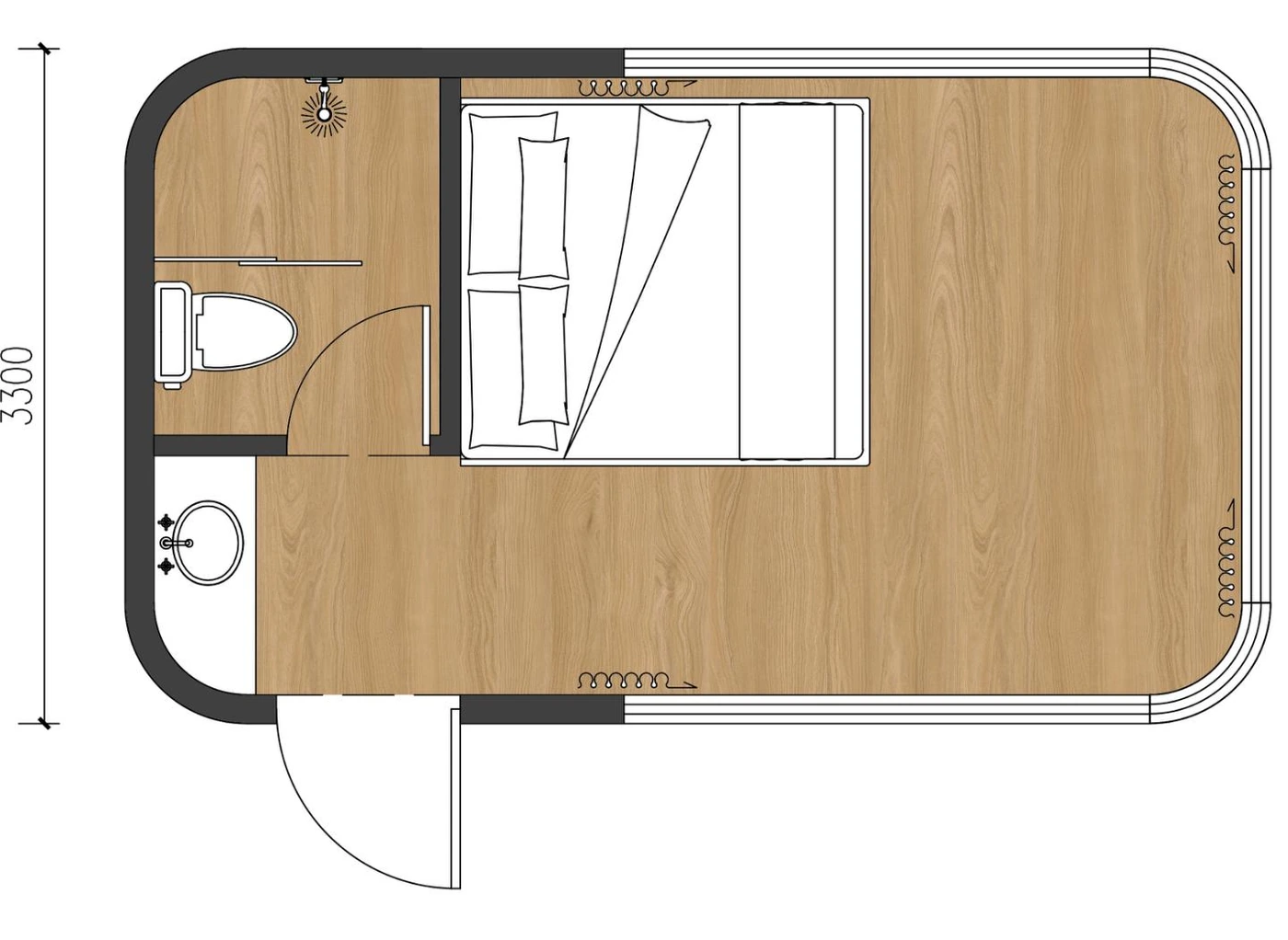 S1 space capsule house floor plan showing a double-bed arrangement, toilet, washbasin and entrance, with a 3300 width dimension