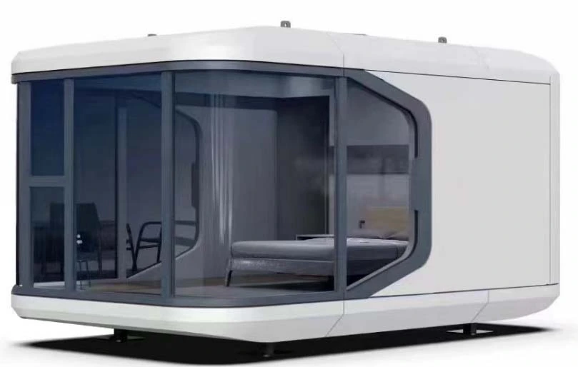 S1 space capsule house exterior visualisation with a white enclosure and glazed frontage