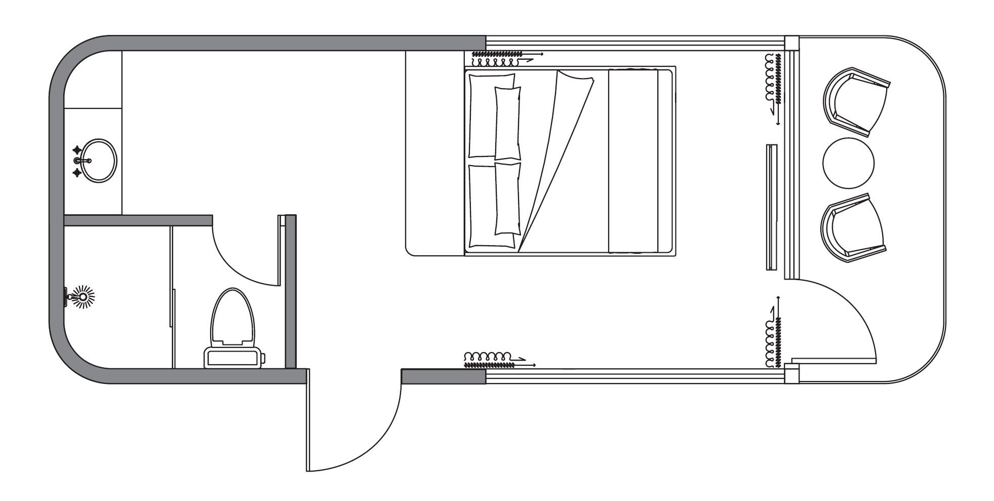 S2 space capsule house 28 square metre floor plan with sleeping, living and bathroom areas