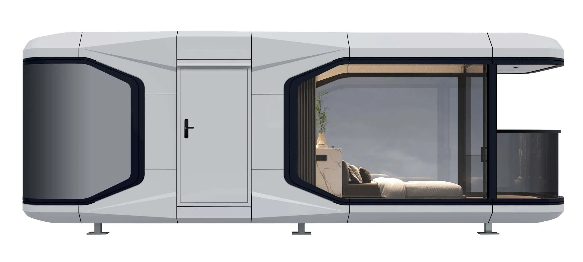 S2 space capsule house exterior with glazed frontage, panoramic balcony and curved enclosure
