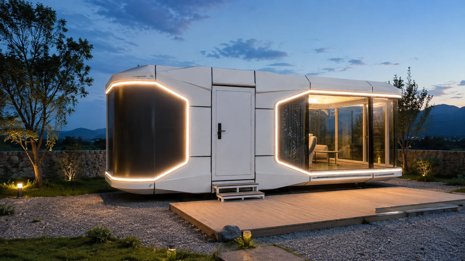 Space capsule house exterior concept with glazed frontage and ambient lighting