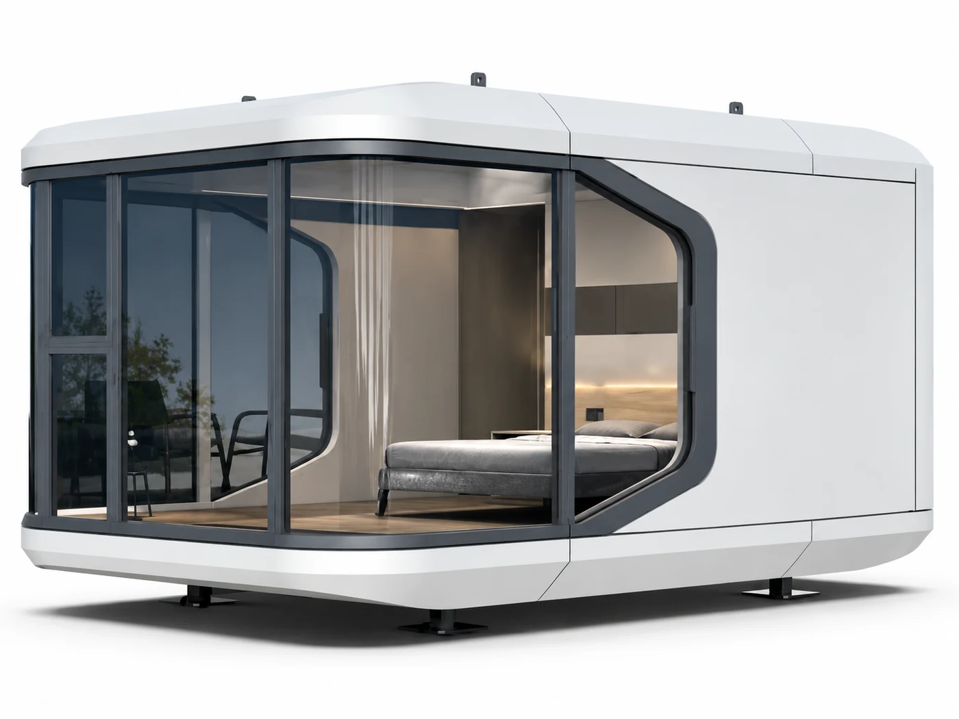 Compact space capsule house rendering with aluminium exterior panels and glazed frontage