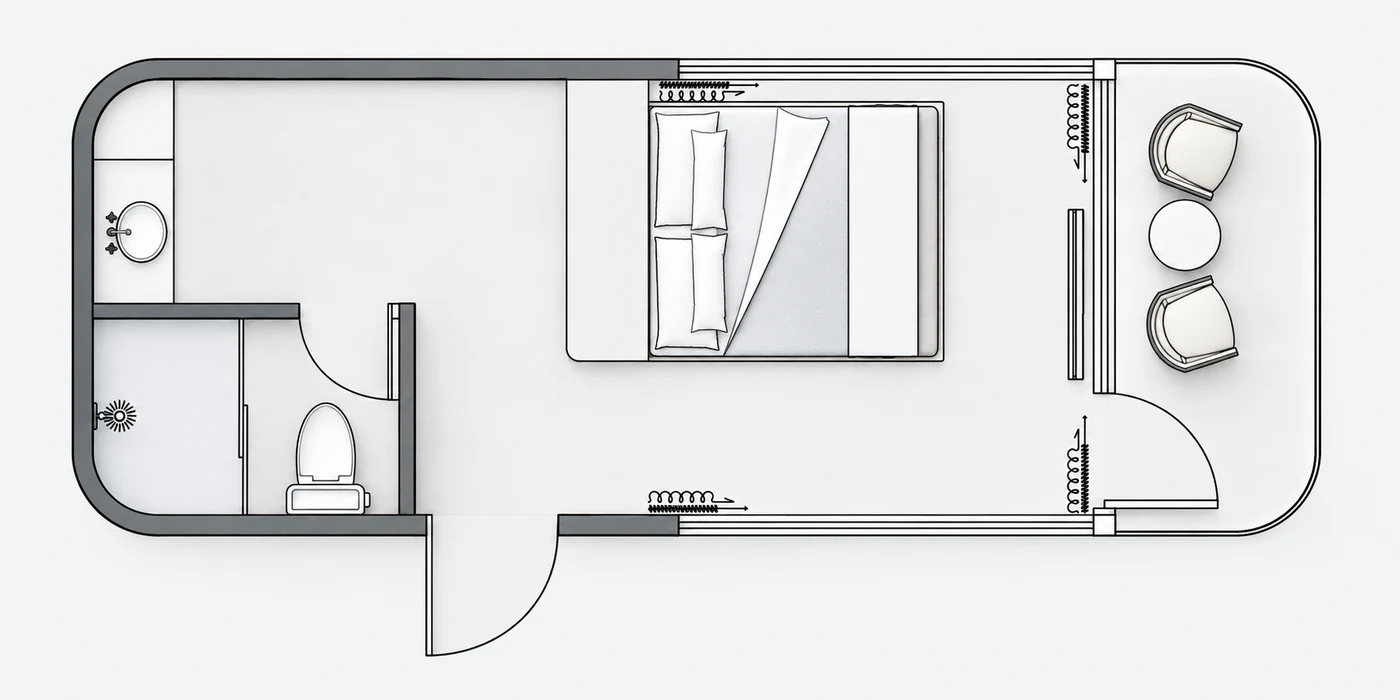 Illustrative capsule guest-room plan with sleeping, seating and bathroom areas
