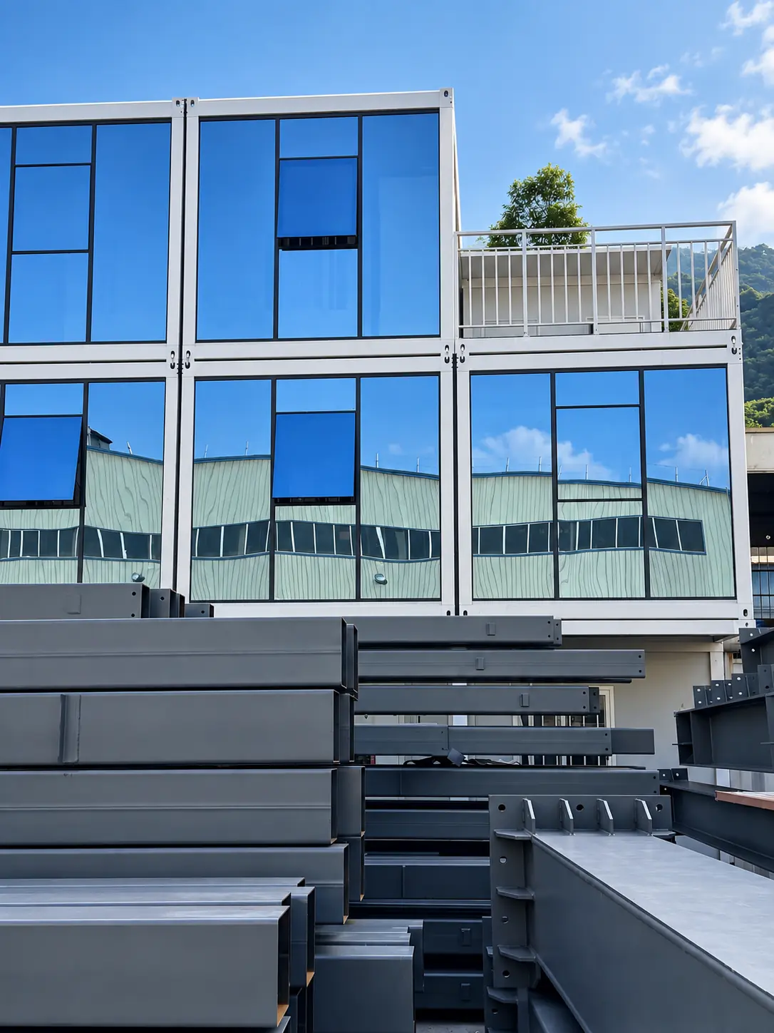 Stacked steel frame components beside a two-storey modular building at the factory