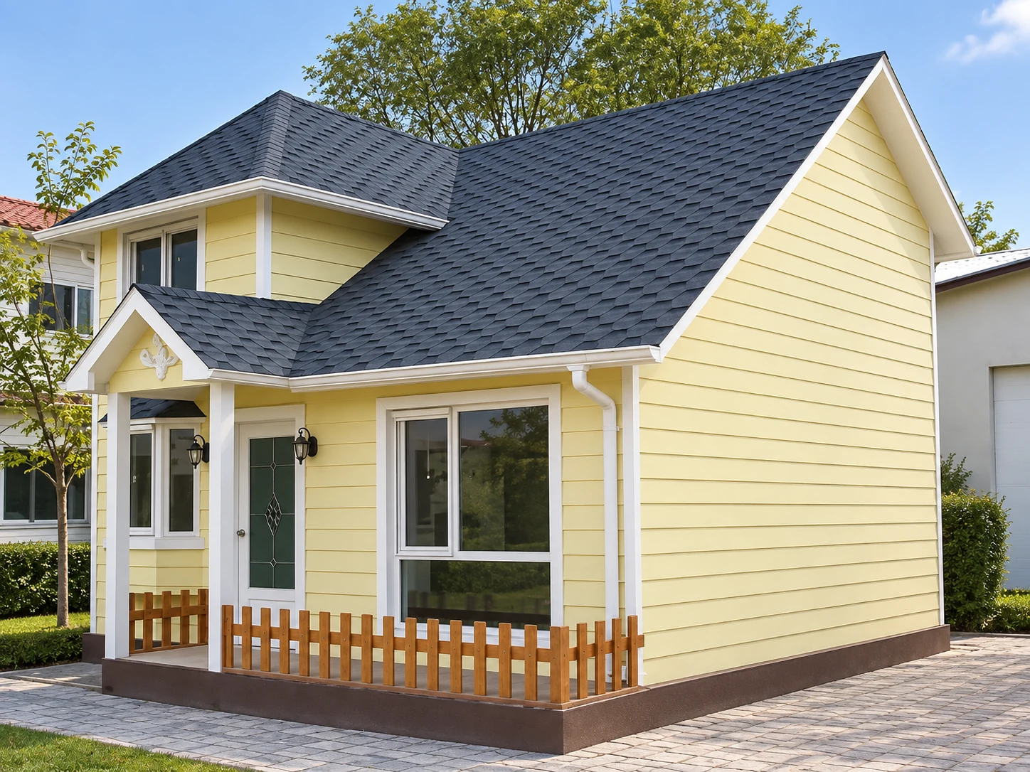 Illustrative finished steel-frame house with yellow cladding, dark pitched roof and entrance porch