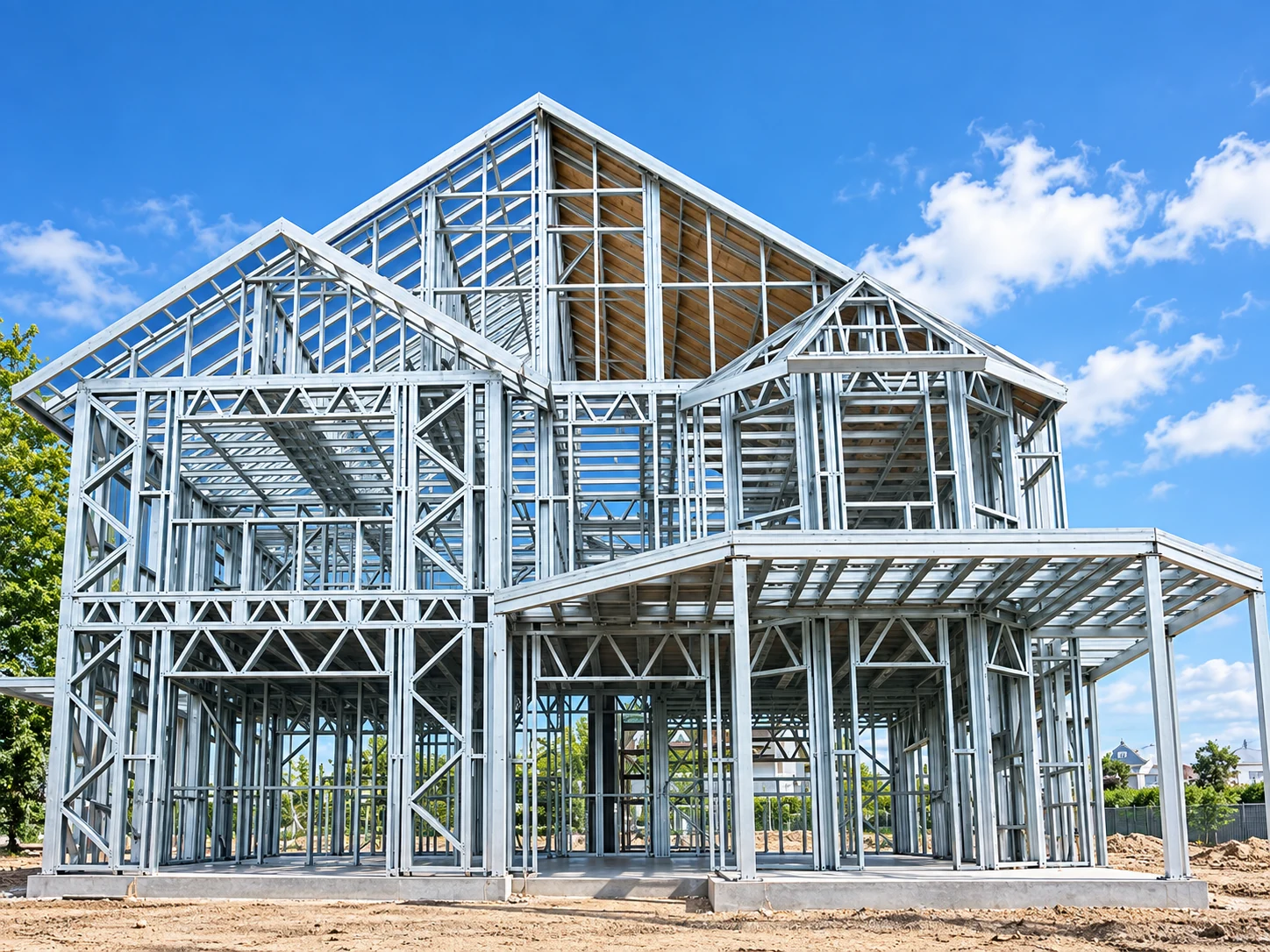 Illustrative two-storey residential light-gauge steel frame with pitched roofs and framed openings