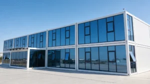 Two-storey modular building with a glazed facade and covered entrance