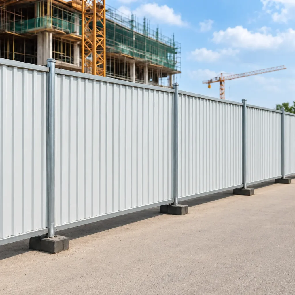 White corrugated steel construction hoarding surrounding a building site by premiummodularhouse.