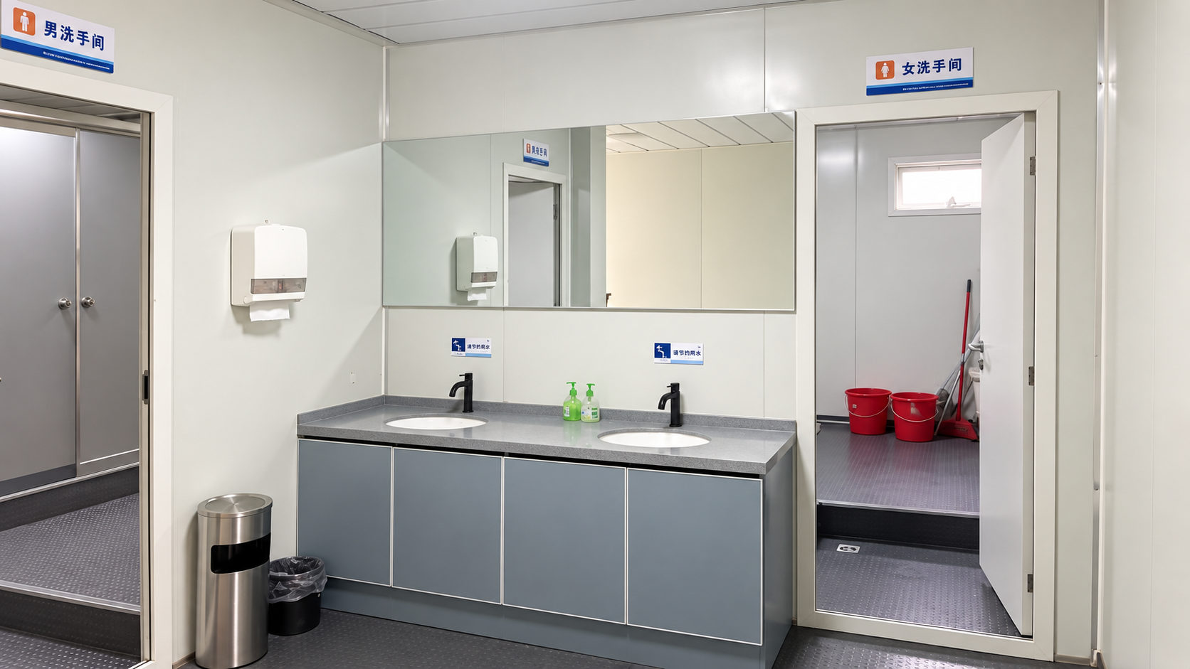 Sanitary interior reference with twin washbasins and separate toilet entrances