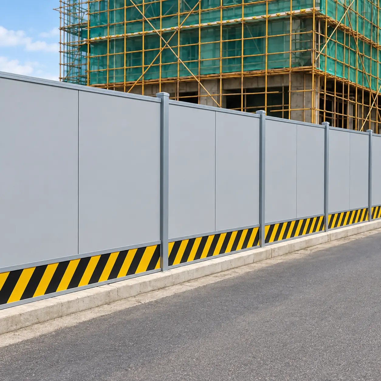 Grey panel hoarding reference with a black-and-yellow lower strip.