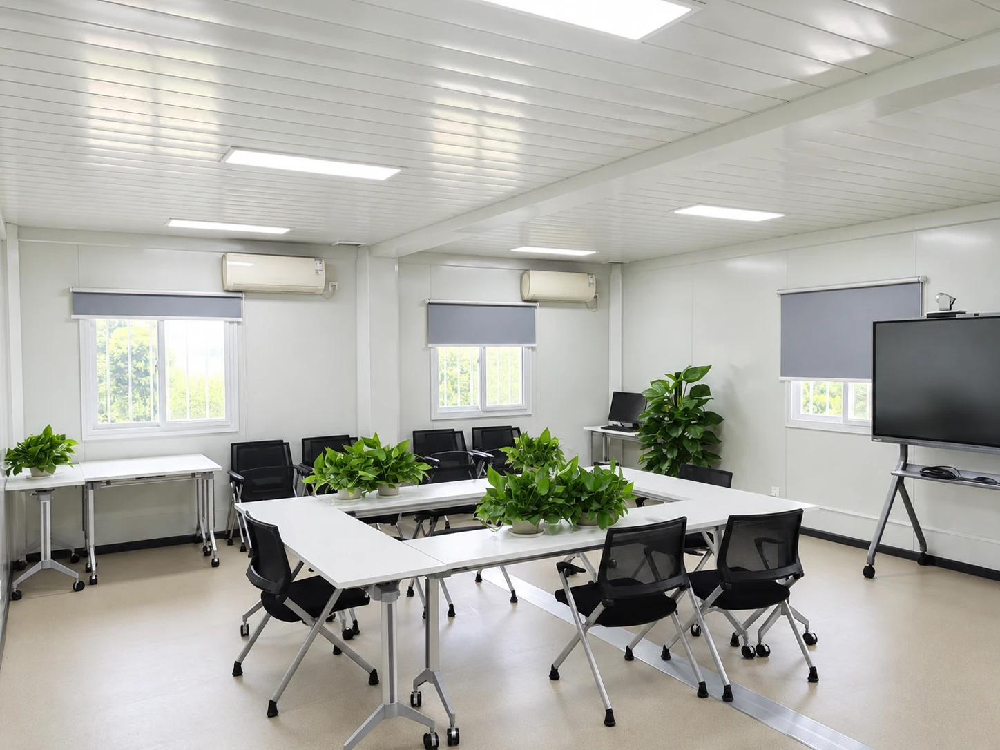 Modular meeting room with a shared table arrangement, chairs and display screen