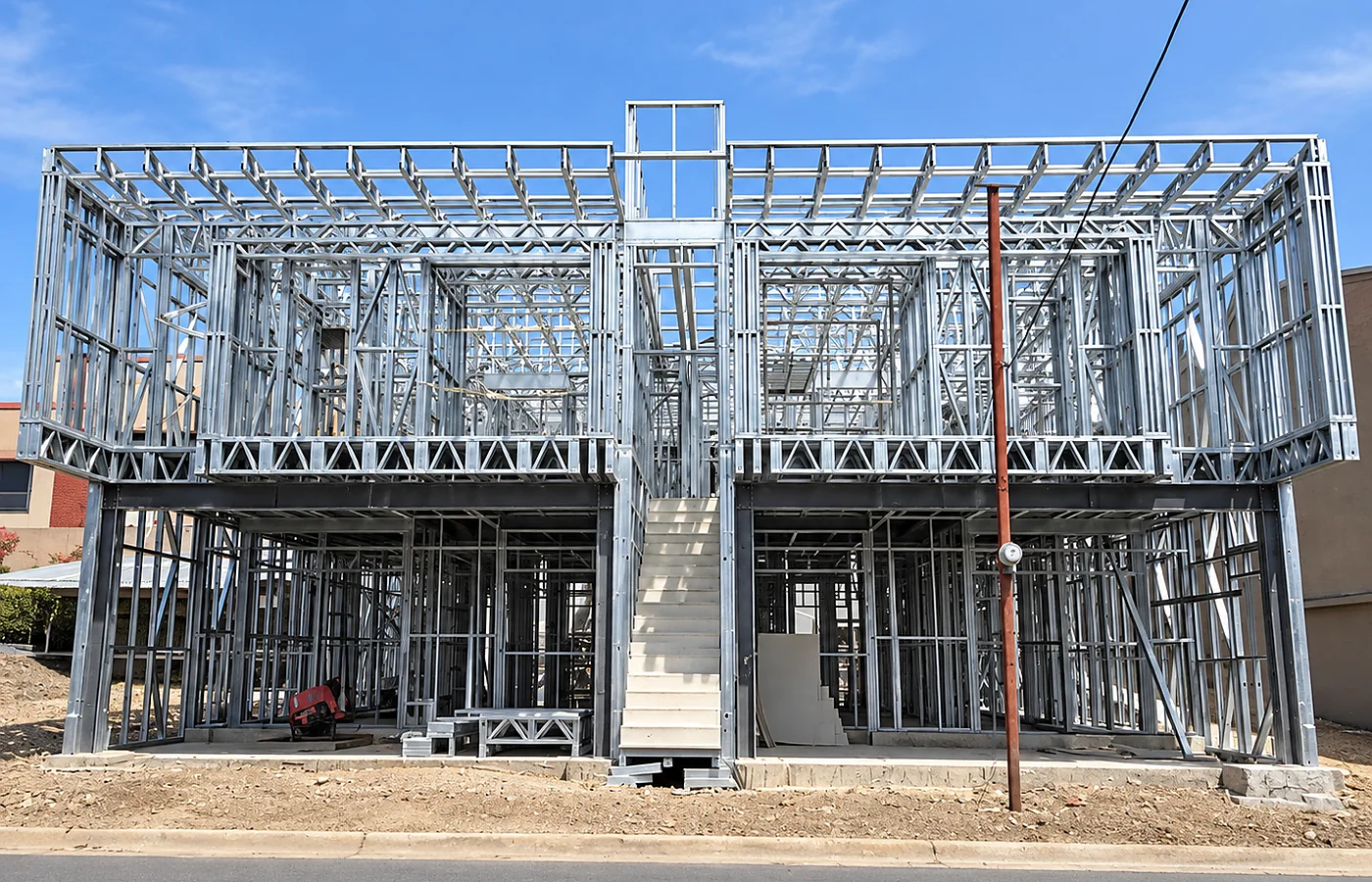 Two-storey light gauge steel villa frame during construction