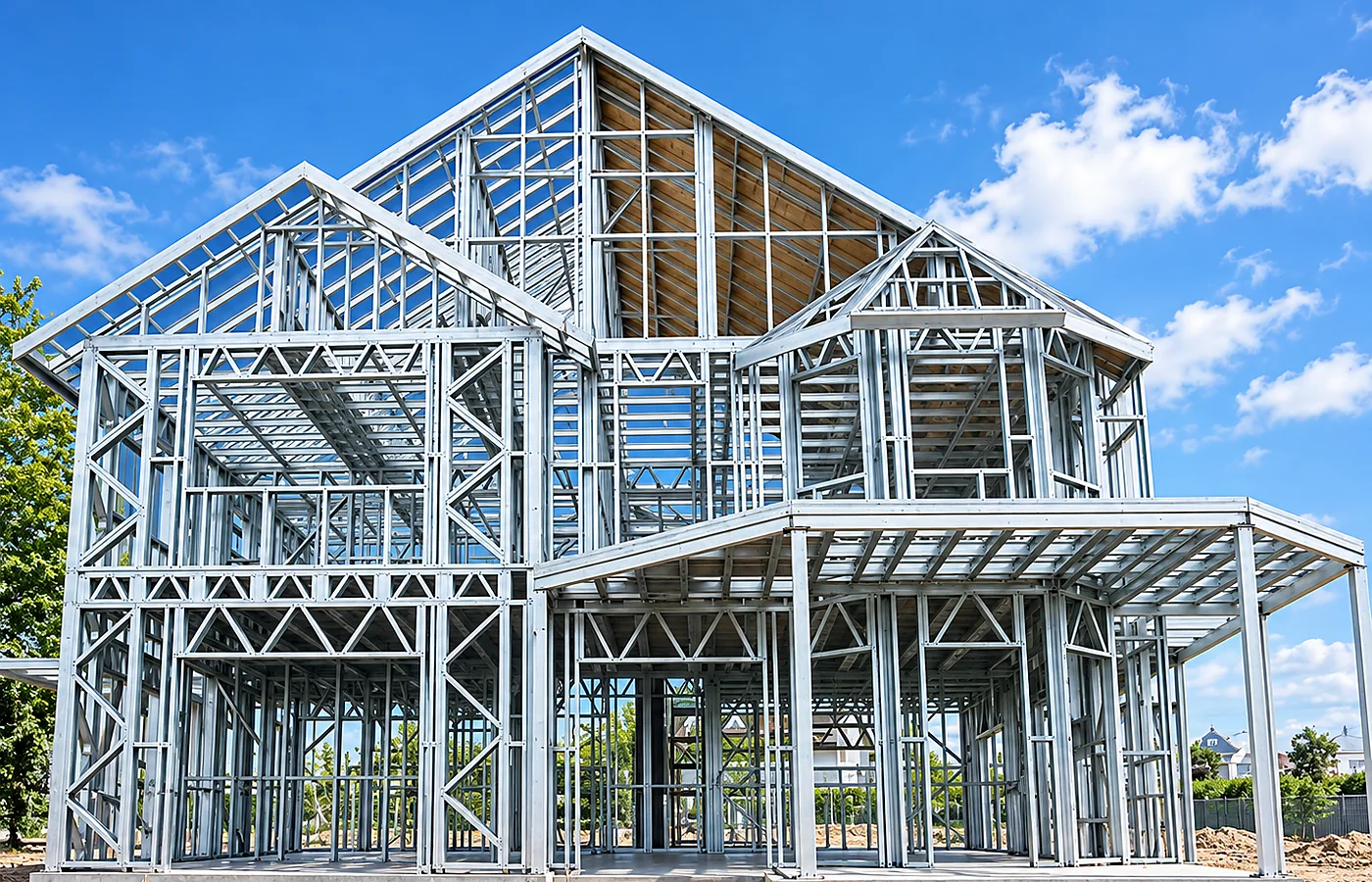 Light steel villa frame with pitched roof geometry