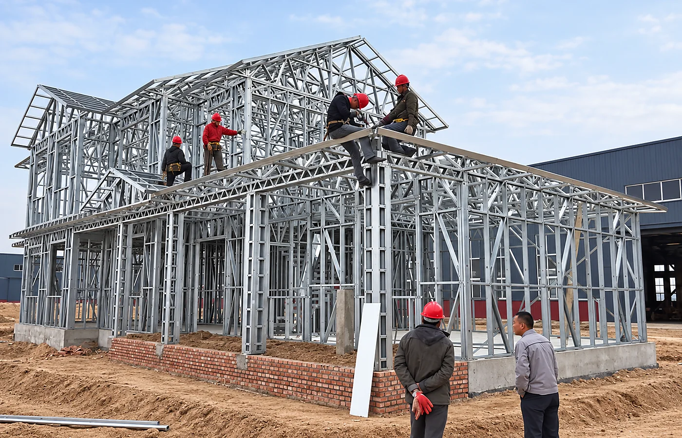 Workers assembling a two-storey light steel villa frame