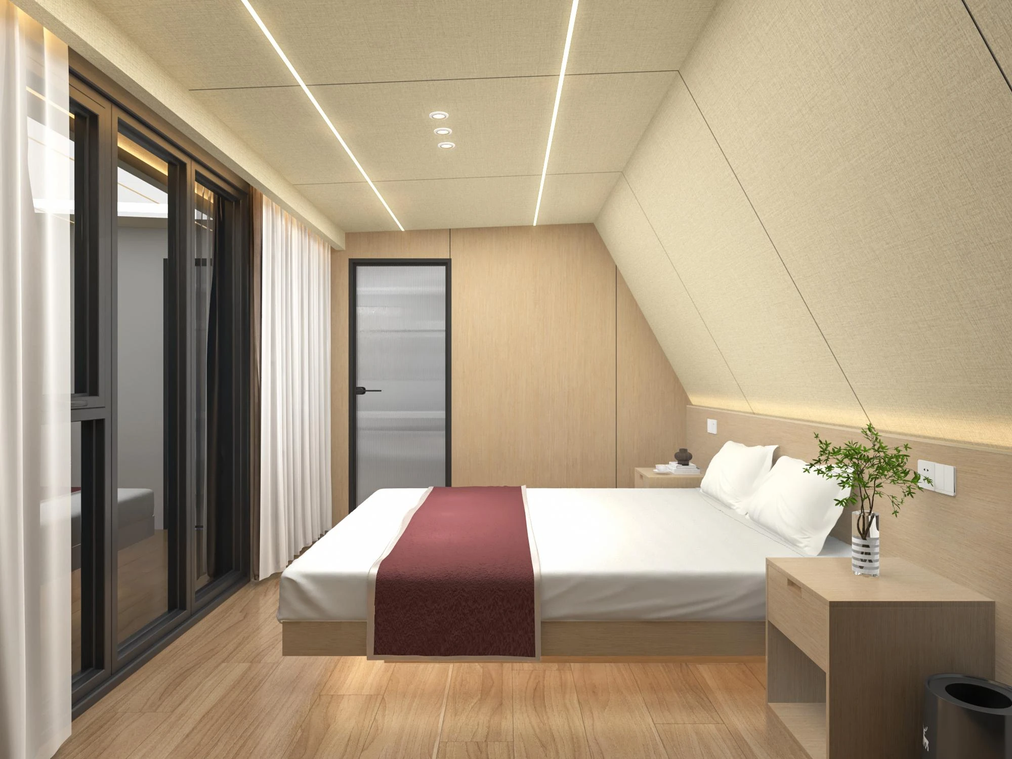 W1 bedroom concept with sloping ceiling and glazed entrance
