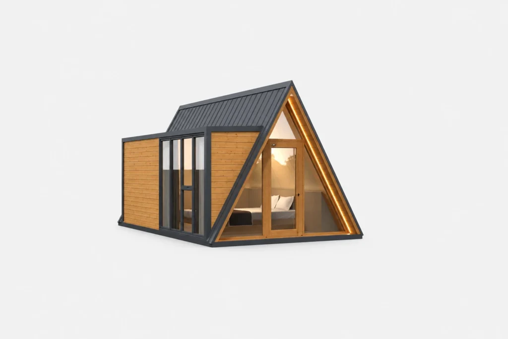 W1 A-frame exterior concept with glazed front and wood-look walls