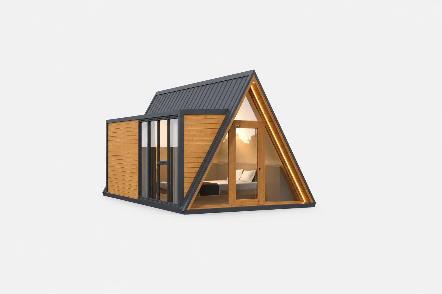 W1 A-frame exterior concept with glazed front and wood-look walls