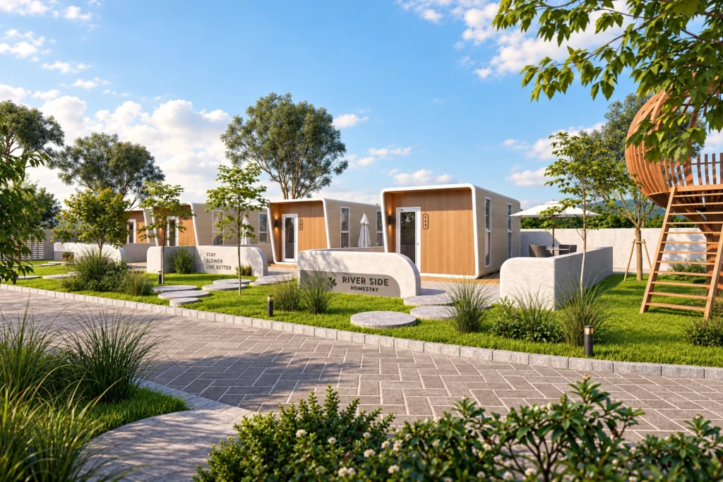 W2 rectangular guest cabins in a landscaped resort concept