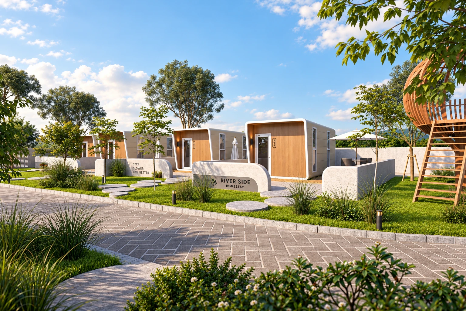 W2 rectangular guest cabins in a landscaped resort concept