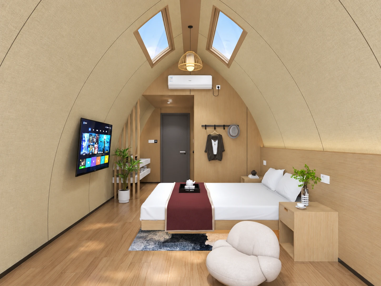 W3 double-bed interior concept with curved ceiling and overhead glazing