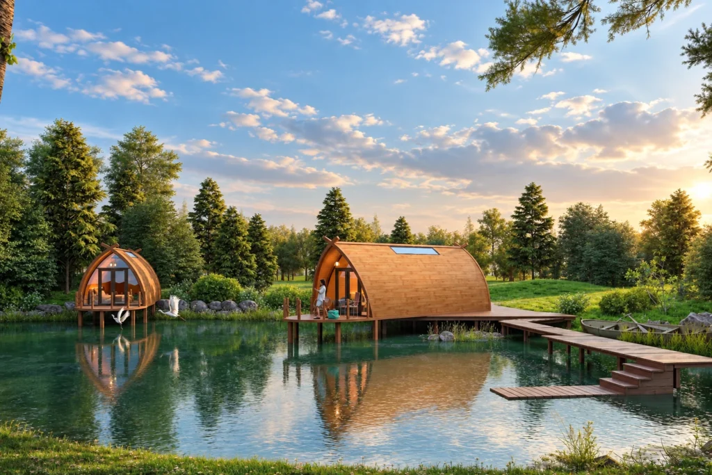 W3 curved-roof cabins in a waterside landscape concept, not a floating structure