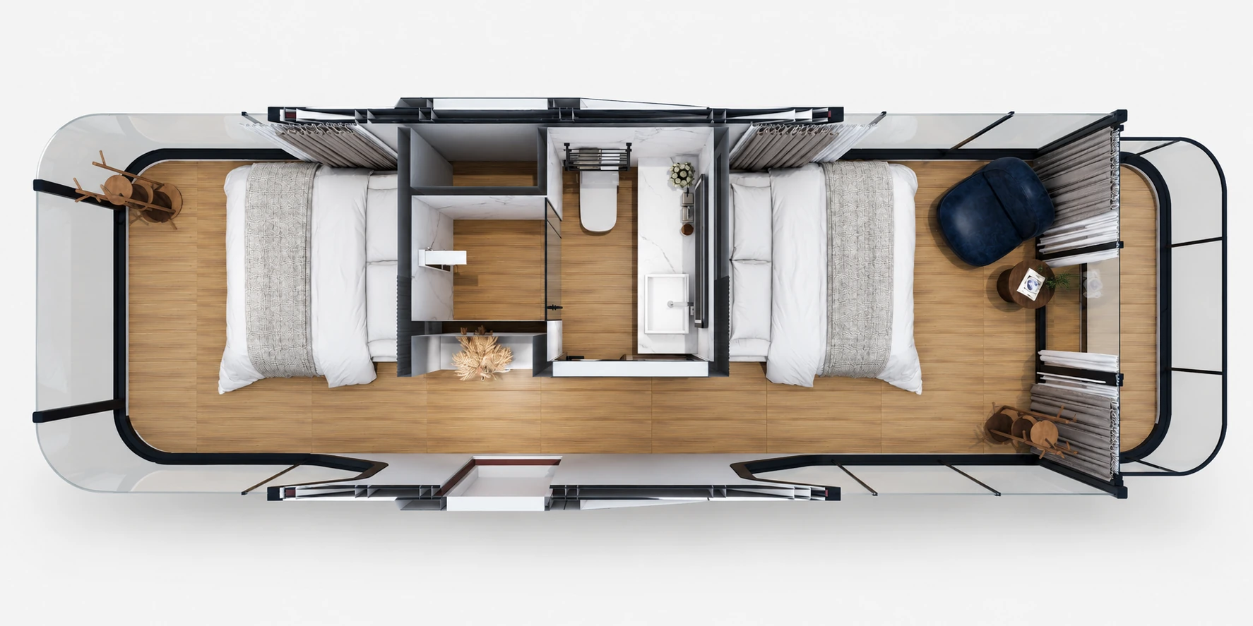 S3 space capsule house 38 square metre floor plan with two sleeping zones, central bathroom and panoramic balcony