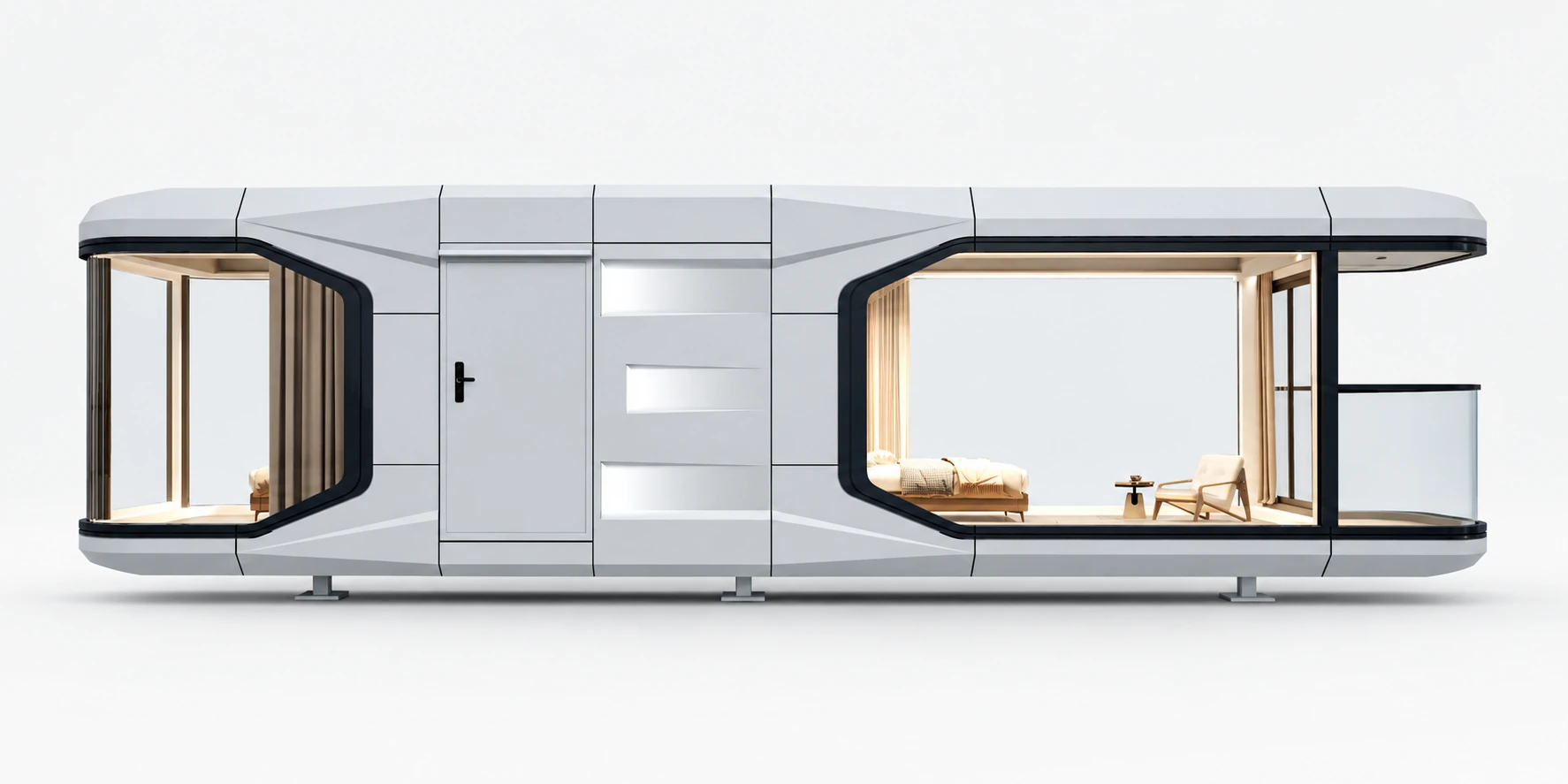 S3 space capsule house panoramic exterior with two sleeping zones, central entrance and glazed balcony