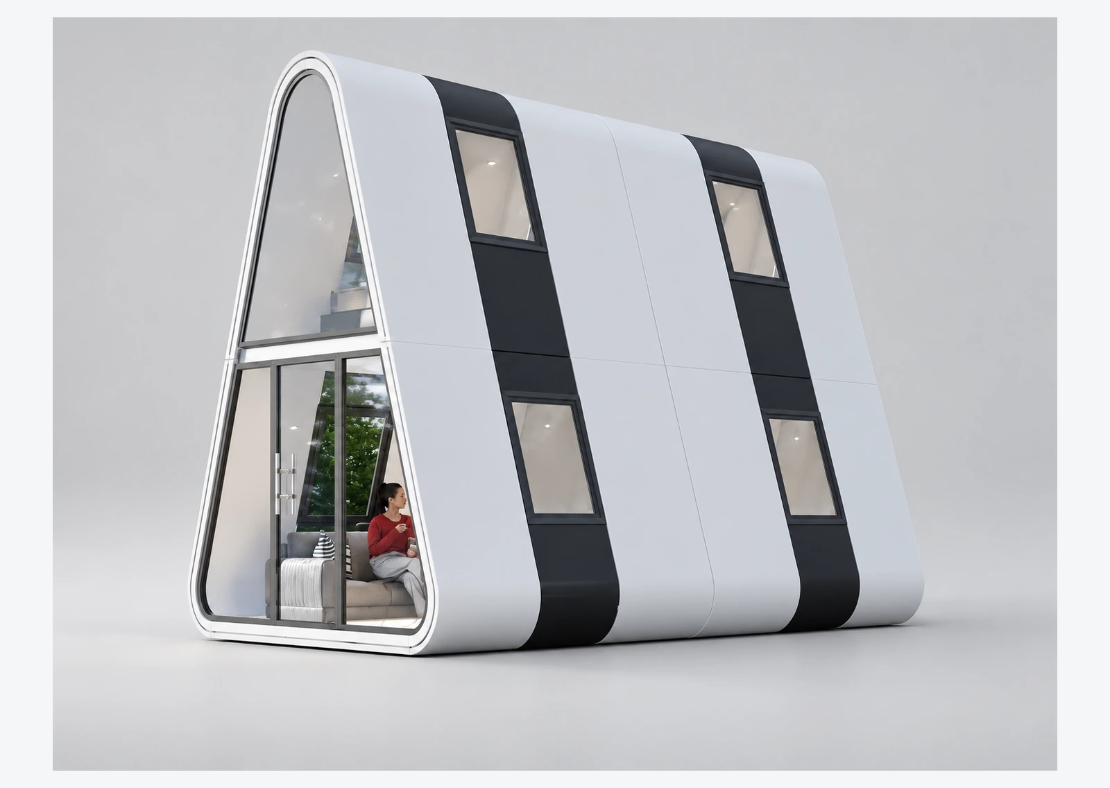 S4 space capsule house front exterior with two-level arched form and glazed entrance
