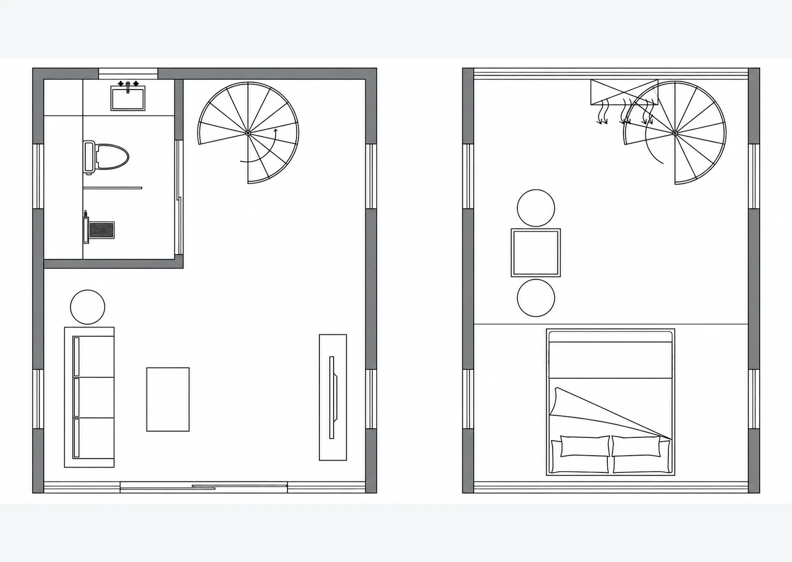 S4 space capsule house lower and upper floor plans with living, bathroom, stair and sleeping zones