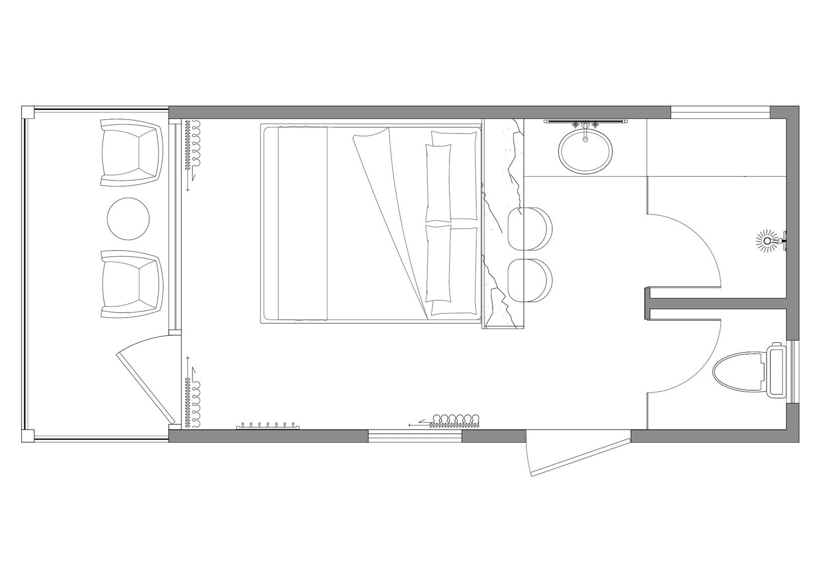 S5 space capsule house reference floor plan with sleeping, seating and bathroom zones