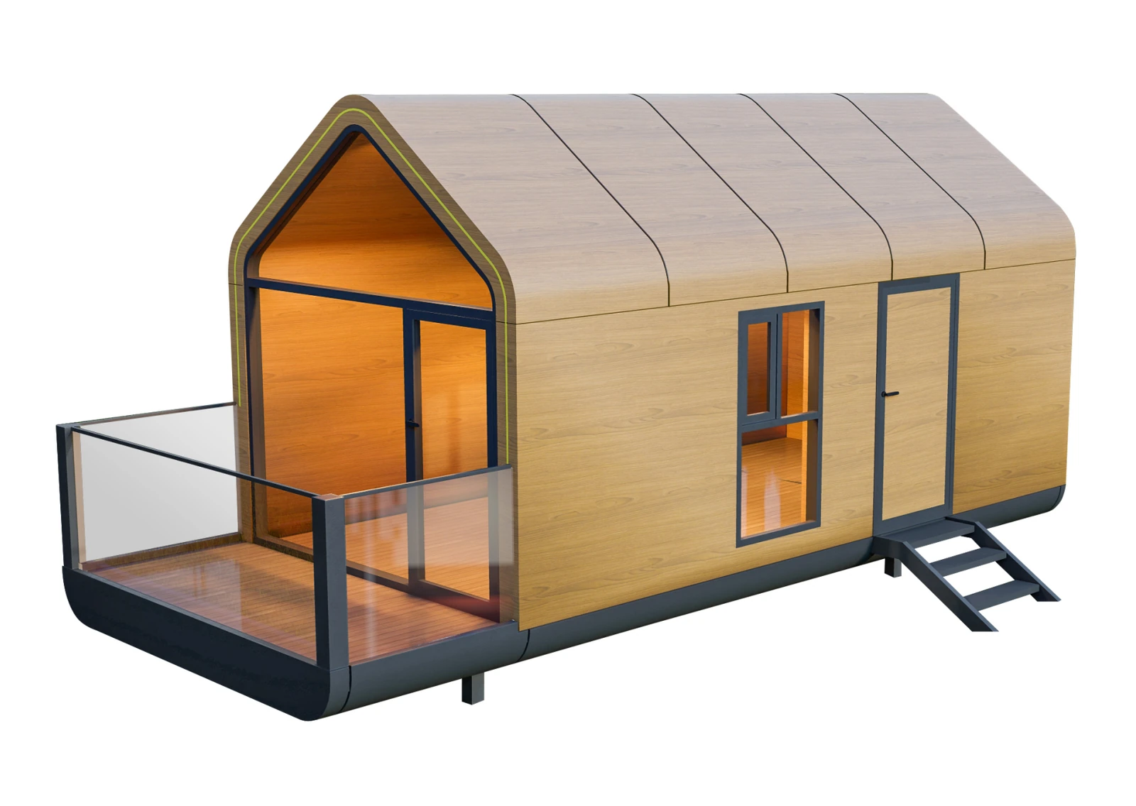 S5 space capsule house exterior with timber-look panels, glazed end and entrance deck