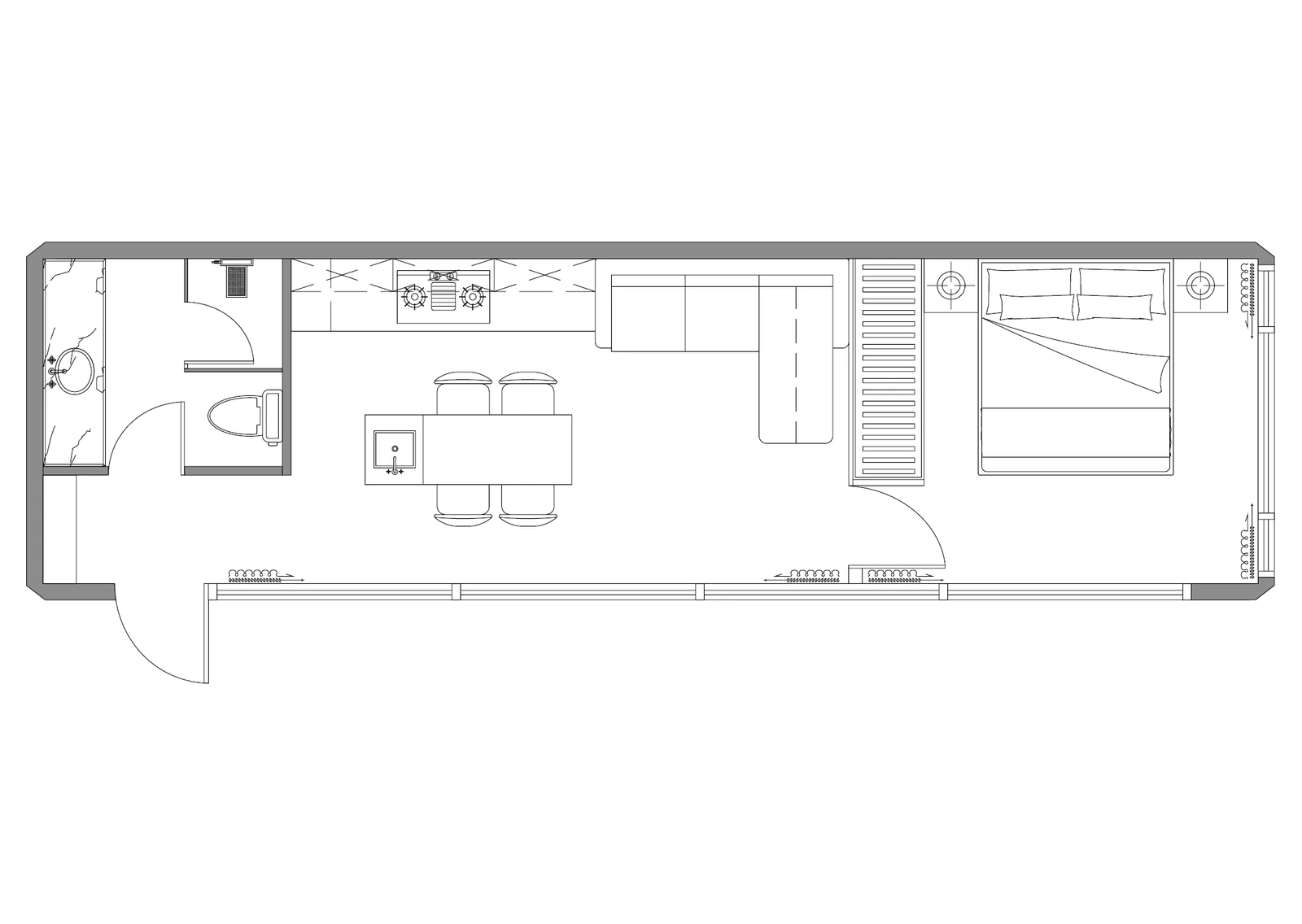 S8 Space Capsule House 38 square metre reference floor plan with sleeping, seating and bathroom zones