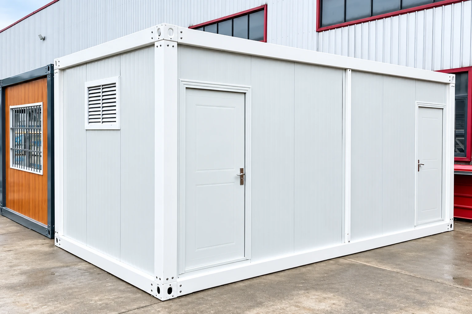 Sanitary-module exterior with separate entrances and a louvred opening