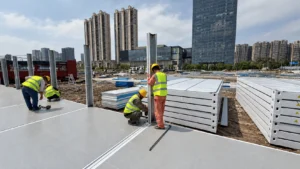 Workers assembling white flat-pack frames beside stacked floor sections in Shantou