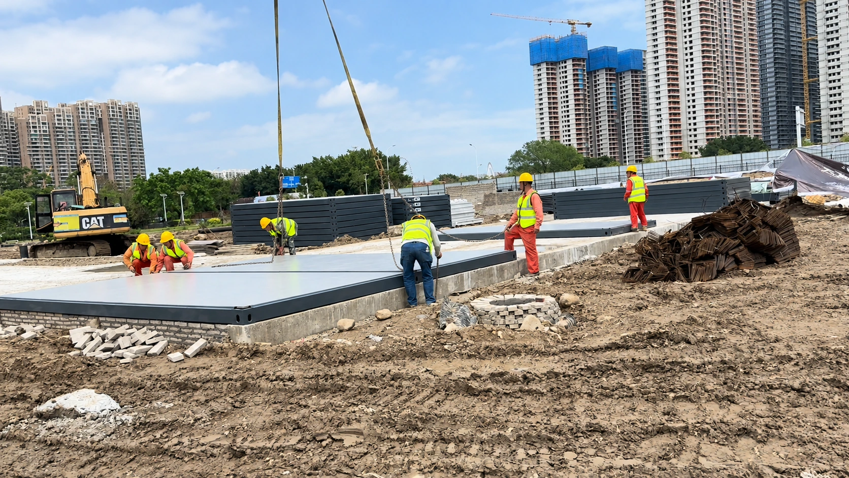 Trabajadores posicionando una sección gris de suelo plano sobre soportes de hormigón en Shantou
