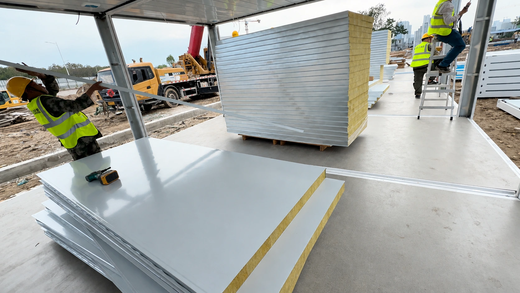 Paneles de pared apilados junto a módulos flat-pack blancos durante el montaje de la envolvente en Shantou